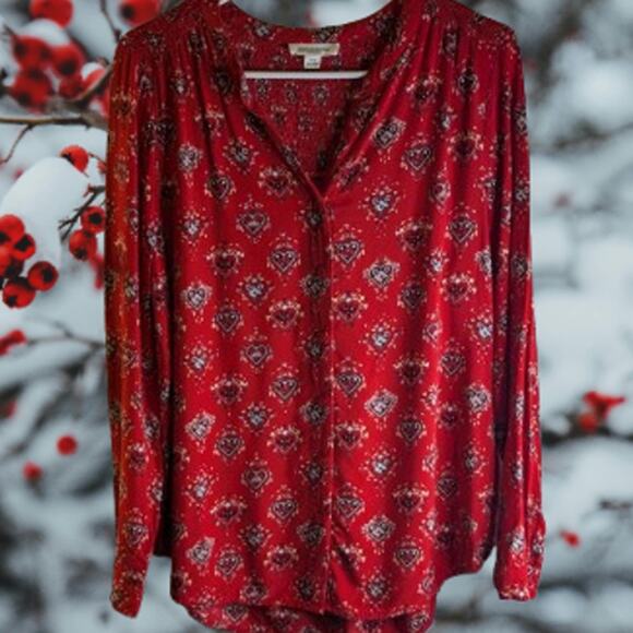 Beachlunchlounge Medium long sleeve button down red viscose woman's casual top - Picture 1 of 1